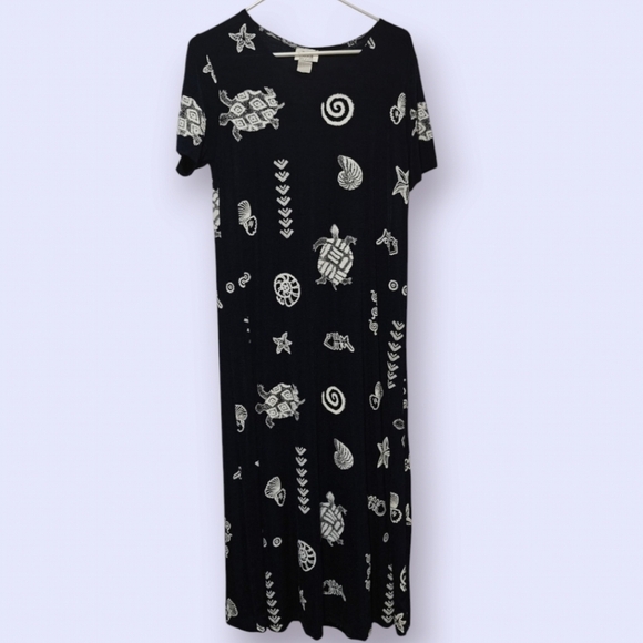 Jostar Nautical Midi Dress XL 90s Vintage Stretchy Boxy Beach Turtle Navy Blue - Picture 1 of 7
